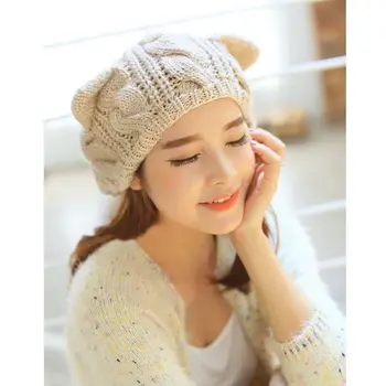 Women Winter Fashion Crochet Wool Cap Hat Cat Ear Braided Knit Warm Cap Hat Gifts