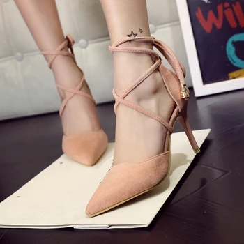 Sexy Spring Gladiator Pumps Women Ankle Strap High Heels Shoes Shallow Cross-tied Pointed Toe Pump Woman Shoes Black Pink Khaki