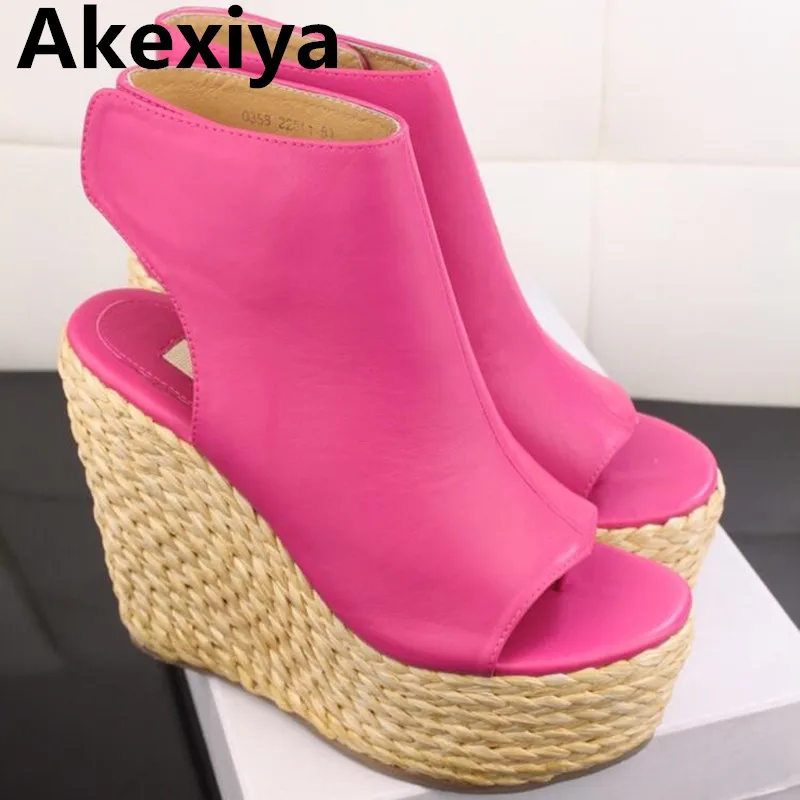 Akexiya 2017 New Summer Classic Straw Sandals Slope Thick Crust Fish Head Clip Toe Sandals Women Sandals SIZE 34-39