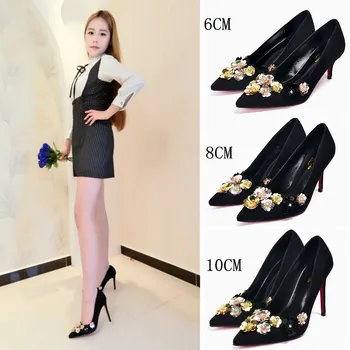 2016 Fashion genuine leather pointed toe single shoes shallow mouth high-heeled shoes rhinestone thin heels paillette women's
