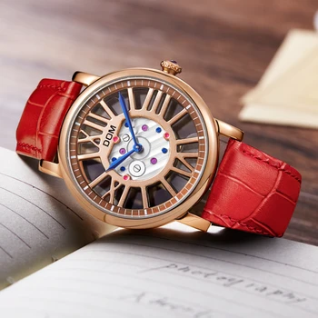 DOM Luxury Brand Ladies Watch Women Red Leather Strap Women Quartz Wristwatches Waterproof Skeleton Female Clock Women Reloj