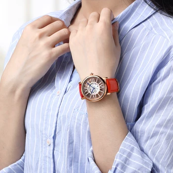 DOM Luxury Brand Ladies Watch Women Red Leather Strap Women Quartz Wristwatches Waterproof Skeleton Female Clock Women Reloj