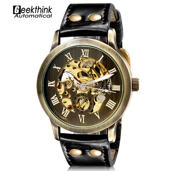 Design Antique Automatic Skeleton Mechanical Wrist Watch Black Leather Men's Wristwatch Relogio Masculino New Steampunk