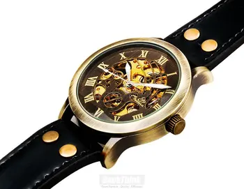 Design Antique Automatic Skeleton Mechanical Wrist Watch Black Leather Men's Wristwatch Relogio Masculino New Steampunk