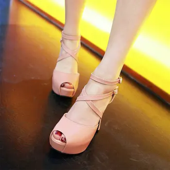 SGESVIER Peep Toe Platform Black Pink White Sexy Zipper 12CM Thick High Heels Plus Size 31-47 Woman Sandals Ladies Shoes VV711