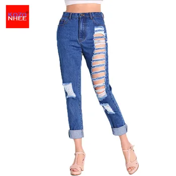 Holes Stretch Boyfriends Ripped Jeans For Women With High Waist Jeans Hole Trousers For Women's Torn Jeans Large Size