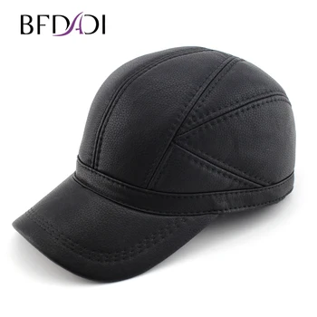 BFDADI Faux Leather hat genuine winter leather hat baseball cap adjustable for men black hats