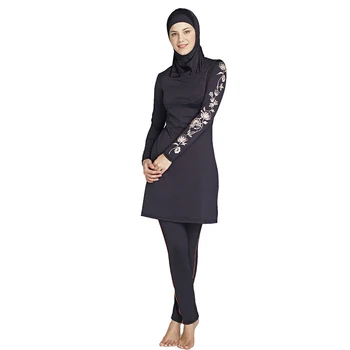 New muslim swimsuit black and red sunscreen islamic ladies' swimwear modest swimwear with flower printed muslim swimming clothes