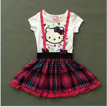Baby girl dress Hello kitty dress summer children kids cute bow cotton plaid Strap style short sleeve dress clothing