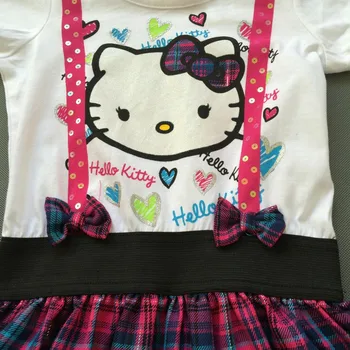 Baby girl dress Hello kitty dress summer children kids cute bow cotton plaid Strap style short sleeve dress clothing