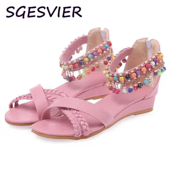SGESVIER 2017 new Bohemia beach comfortable woman sandals ankle ethnic colorful string bead cozy woman low heels sandals VV516