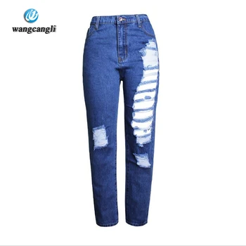 Wangcangli Winter plus thick velvet Holes fashion Capri large skinny jeans size women Slim pants female jeans lady jeans female