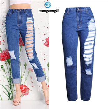 Wangcangli Winter plus thick velvet Holes fashion Capri large skinny jeans size women Slim pants female jeans lady jeans female