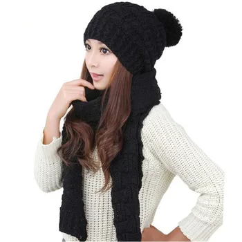 Shei 2016 New Arrive Womens Warm Hat Woolen Knit Hood Scarf Shawl Caps Hats Suit Femme Girl Super Soft Solid Sombrero Otc1