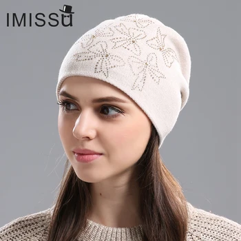 IMISSU Women's Winter Hats Knitted Real Wool Beanie Casual Hat with Crystal Bow Solid Colors Ski Gorros Cap Casquette for Women