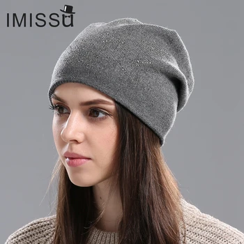 IMISSU Women's Winter Hats Knitted Real Wool Beanie Casual Hat with Crystal Bow Solid Colors Ski Gorros Cap Casquette for Women