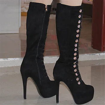 SHOFOO shoes, beautiful fashion , black leather suede, zipper, 14.5 cm high heel boots, boots size. SIZE:34-45
