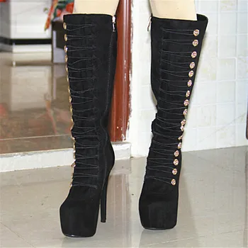 SHOFOO shoes, beautiful fashion , black leather suede, zipper, 14.5 cm high heel boots, boots size. SIZE:34-45