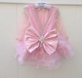 Pretty pink short sheer 3/4 sleeves flower girl dresses with crystals bow sash lovely kids tutu ball gowns for birthday party