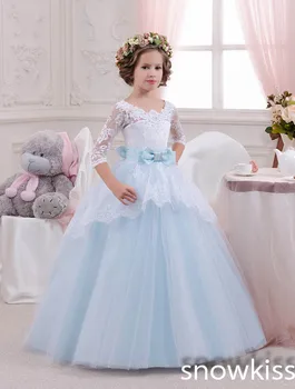 New White and Blue lace Flower Girl Dresses Birthday Party Pageant prom glitz frocks first communion ball gowns for juniors