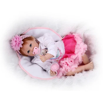 Flower Headband Girl with Pink Skirt 22 Inch 55 cm Realistic Reborn Baby Dolls Soft Silicone Baby Toy Safe Birthday Xmas Gifts