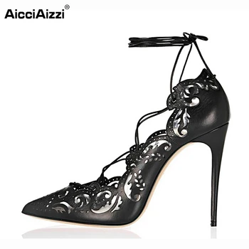 Size35-46 Shoes Woman High Heels Pumps Sexy Cut-outs Women Shoes Lace up High heels Pointed Toe Dress Shoes Heeled Footwear B177
