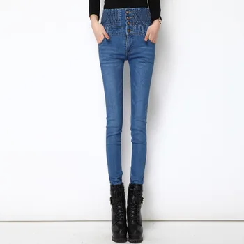 Plus size 26-40 Buttons High Waist Jeans Woman Elastic Slim Pencil Pants Long Trousers Z15