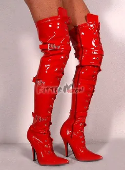 JIALUOWEI Over-the-Knee Pointed Toe Patent Thigh Long Boots 12CM Thin Heel Lace-Up Boots- Exotic,Fetish,Sexy,Shoes