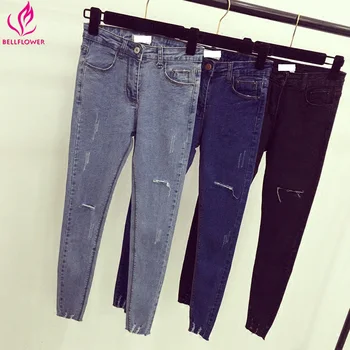 Women's Jeans Korean Slim High Waist Jeans Pant Scratch Worn Jeans Stretch Pencil Jeans XXL Plus Size