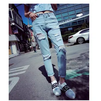 2017 New Fashion Summer Jeans Female Korean Version Of Scratches Do The Old Hole Light