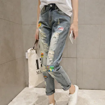 2016 new spring and summer nine Korean female jeans jeans loose personality hole patch Haren pants