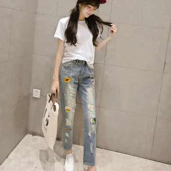 2016 new spring and summer nine Korean female jeans jeans loose personality hole patch Haren pants