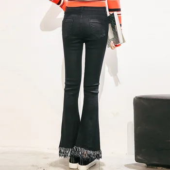 The new spring and summer 2016 Korean female jeans high elastic bellbottom pants nine slim tassel