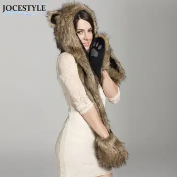 Warm Animal Fur Scarf Fluffy Plush Cap Ear Hood Shawl Glove Luxury Unisex Winter Ladies Faux Animal Fur Collar Natural Scarf