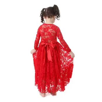 Wholesale Winter Long Sleeve O-neck Ruffle Christmas Baby Girl Clothes Red Lace Boho Long Beach Girls Dress With Satin Bow Dress