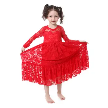 Wholesale Winter Long Sleeve O-neck Ruffle Christmas Baby Girl Clothes Red Lace Boho Long Beach Girls Dress With Satin Bow Dress