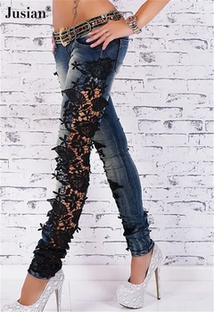 Jusian Women's Skinny Jeans Retro Hole Lace Jeans Denim Pencil Pants Black F00338