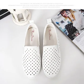 Hollow Breathable Shoes Woman White Hole Genuine Leather Women Leisure Shoes Loafers Slip On Women's Flat Moccasins Plus Size