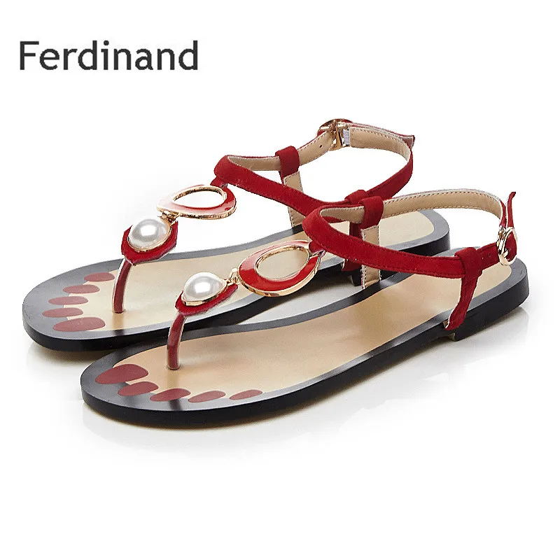 Women Genuine leather sandals Sleepskin String Bead Red Mixed color Ladies Casual shoes Summer Fashion Women flat shoes size4~10