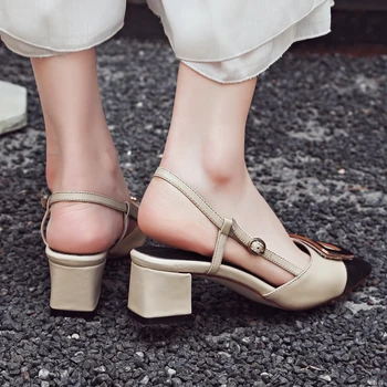 Women Genuine leather Sandals high heel shoes Pointed toe Square Women Party shoes Summer Fashion Buckle women shoes Mixed color