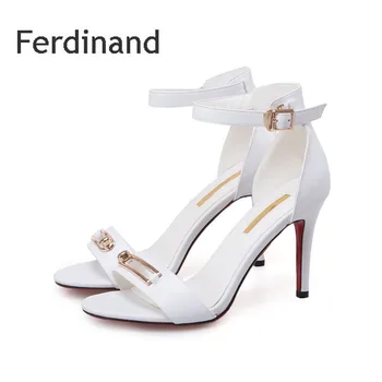 New Women high heel sandals Genuine leather Ladies shoes White Black Peep toe Thin heel Buckle Hollow Women Summer Casual shoes