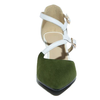 Genuine leather shoes Women high heel shoes Pumps Green Pointed toe Thin heel Mixed color Buckle Summer Fashion Causal shoes