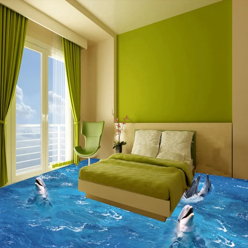 3D waves dolphin floor wallpaper office waterproof PVC restaurant wear custom floor mural