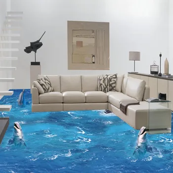 3D waves dolphin floor wallpaper office waterproof PVC restaurant wear custom floor mural