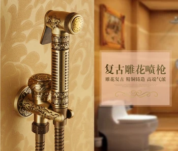Gold Finish Toilet Gun Set Carved Brass Bathroom Bidet Faucet Set Bathroom Shower Faucet Set Wall Mounted Toilet Handle Sprayer