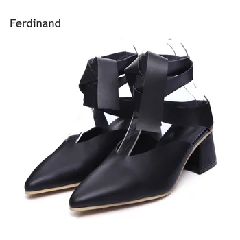 Genuine leather Women high heel shoes Women Pumps Pointed toe Square heel Solid color Black White Cross-tied Spring shoes