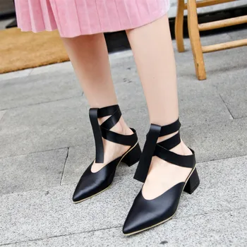 Genuine leather Women high heel shoes Women Pumps Pointed toe Square heel Solid color Black White Cross-tied Spring shoes