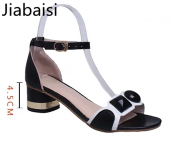Jiabaisi shoes Women sandal new summer 2017 round Toe middle Heel new buckles fashion PU strap shoes Party ladies Shoes woman