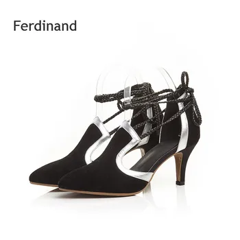 Women high heel shoes Women Pumps Mixed color Genuine leather Summer Fashion Casual shoes Black Khaki Pointed toe Ankle Strap