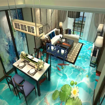 Lotus Carp Chinese wind 3D floor painting thickened bathroom living room kitchen lobby flooring mural